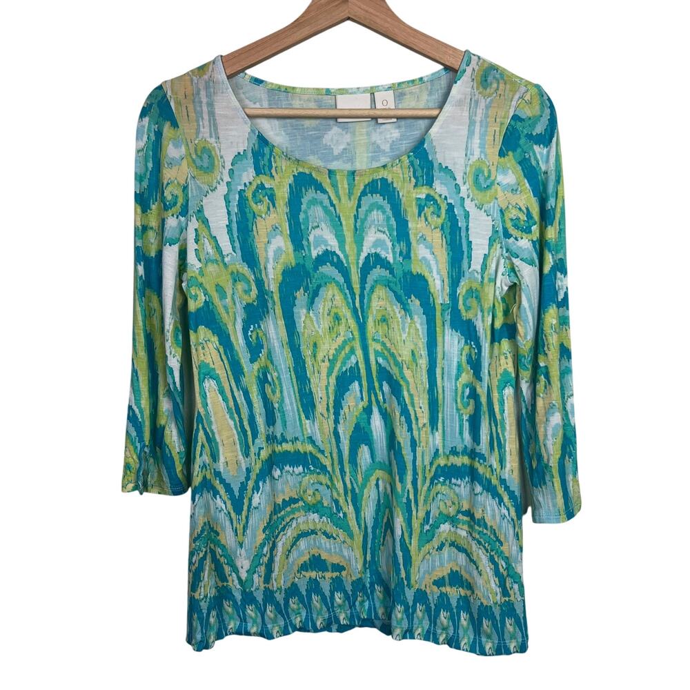 Chico's Turquoise Abstract Print 3/4‎ Sleeve Scoop Neck Top Size 0 (US Small)